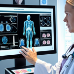 **AI-powered doctor analyzing a medical scan on a futuristic interface, detecting early signs of cancer, alongside a personalized medicine chart showing patient-specific treatment options.  Modern Scandinavian hospital setting.**