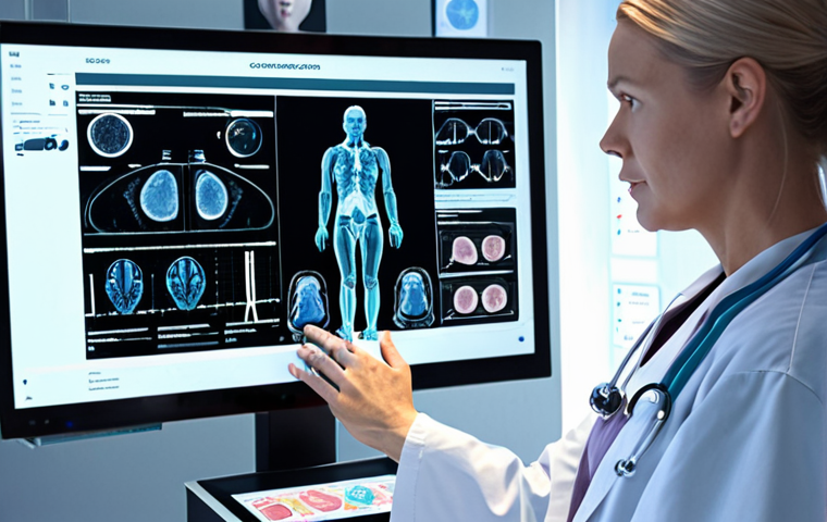 **AI-powered doctor analyzing a medical scan on a futuristic interface, detecting early signs of cancer, alongside a personalized medicine chart showing patient-specific treatment options.  Modern Scandinavian hospital setting.**