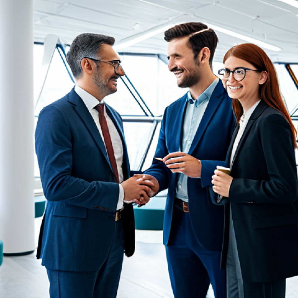 A diverse group of four professionals, including a scientist, an economist, a designer, and a sociologist, standing in a brightly lit, modern collaborative space. They are fully clothed in professional, modest business attire. Glowing, interconnected lines and abstract geometric shapes subtly intertwine around them, symbolizing the seamless fusion of different disciplines and ideas. The setting exudes innovation and synergy. Perfect anatomy, correct proportions, natural poses, well-formed hands, proper finger count, natural body proportions. Professional photography, high quality, safe for work, appropriate content, family-friendly.