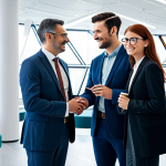 A diverse group of four professionals, including a scientist, an economist, a designer, and a sociologist, standing in a brightly lit, modern collaborative space. They are fully clothed in professional, modest business attire. Glowing, interconnected lines and abstract geometric shapes subtly intertwine around them, symbolizing the seamless fusion of different disciplines and ideas. The setting exudes innovation and synergy. Perfect anatomy, correct proportions, natural poses, well-formed hands, proper finger count, natural body proportions. Professional photography, high quality, safe for work, appropriate content, family-friendly.