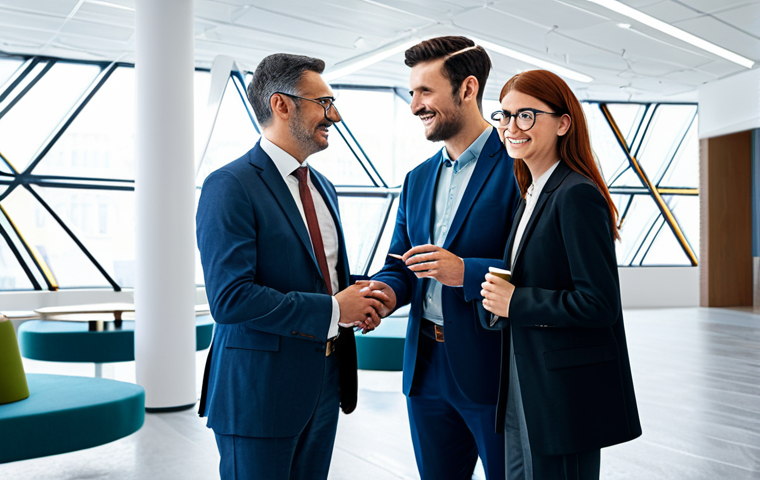 A diverse group of four professionals, including a scientist, an economist, a designer, and a sociologist, standing in a brightly lit, modern collaborative space. They are fully clothed in professional, modest business attire. Glowing, interconnected lines and abstract geometric shapes subtly intertwine around them, symbolizing the seamless fusion of different disciplines and ideas. The setting exudes innovation and synergy. Perfect anatomy, correct proportions, natural poses, well-formed hands, proper finger count, natural body proportions. Professional photography, high quality, safe for work, appropriate content, family-friendly.